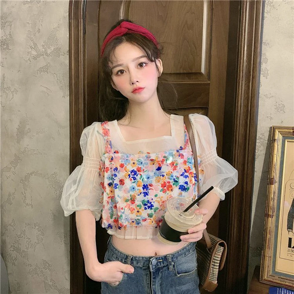 Phụ Nữ 2 Cái Bộ Voan Voan Puff Áo Crop Top Chấm Bi Bling Kim Sa Lấp Lánh Thời Trang Dạo Phố Bông Tai Kẹp Phong Cách Hàn Quốc Sang Trọng Yếm