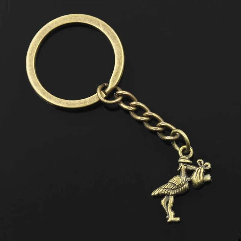 New Fashion Men 30mm Keychain DIY Metal Holder Chain Vintage Stork Baby Bird 23x18mm Silver Color Pendant Gift