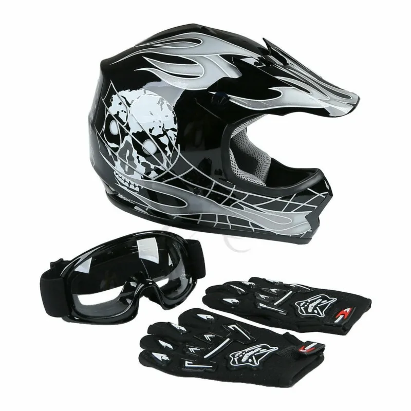 Motorcycle Youth Kids Helmet ATV Motocross Dirt Bike Black  Helmet w/ Goggles+Gloves S M L XL