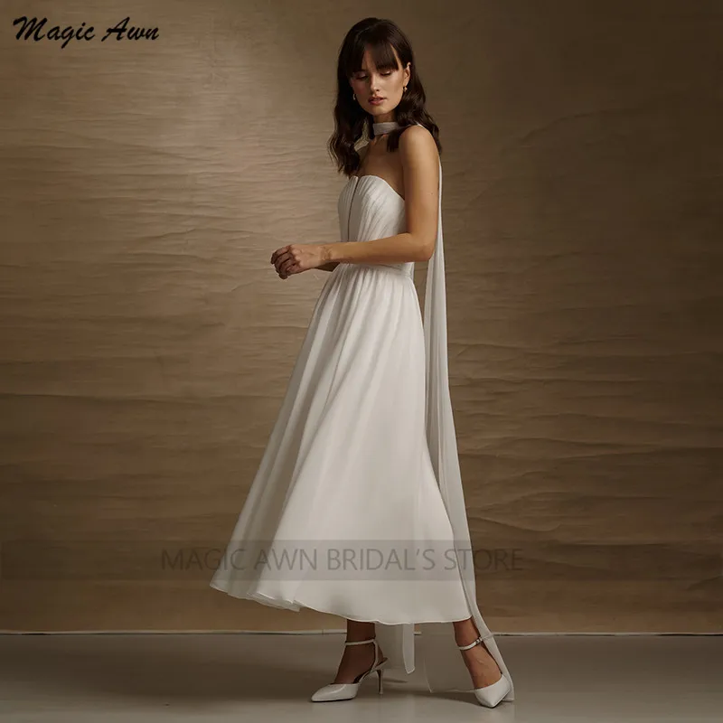 Magia awn simples chá-comprimento vestidos de casamento boho strapless chiffon curto vestidos de festa de casamento para noiva rendas-up voltar vestidos