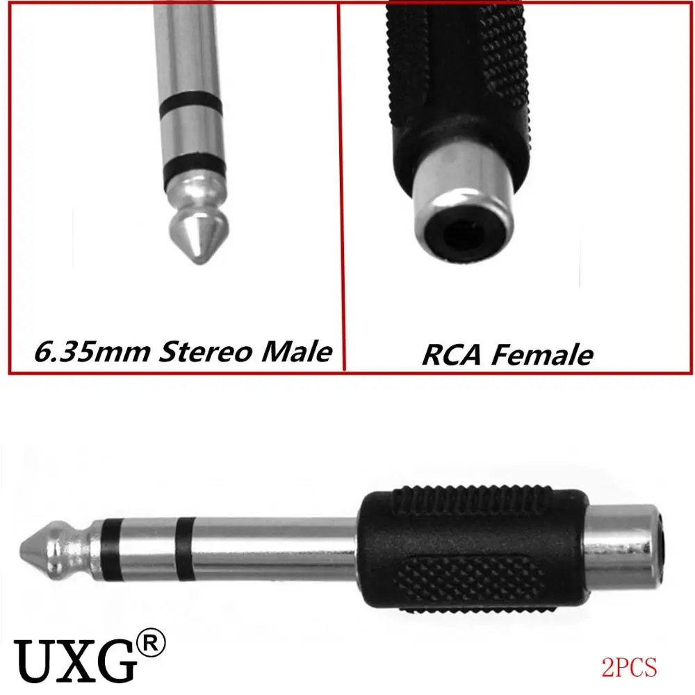 6.35mm 1/4 Inch Stereo TRS Male Plug to RCA Female Jack Silver Adapter Connectors - 6.35mm Stereo Male to RCA Female