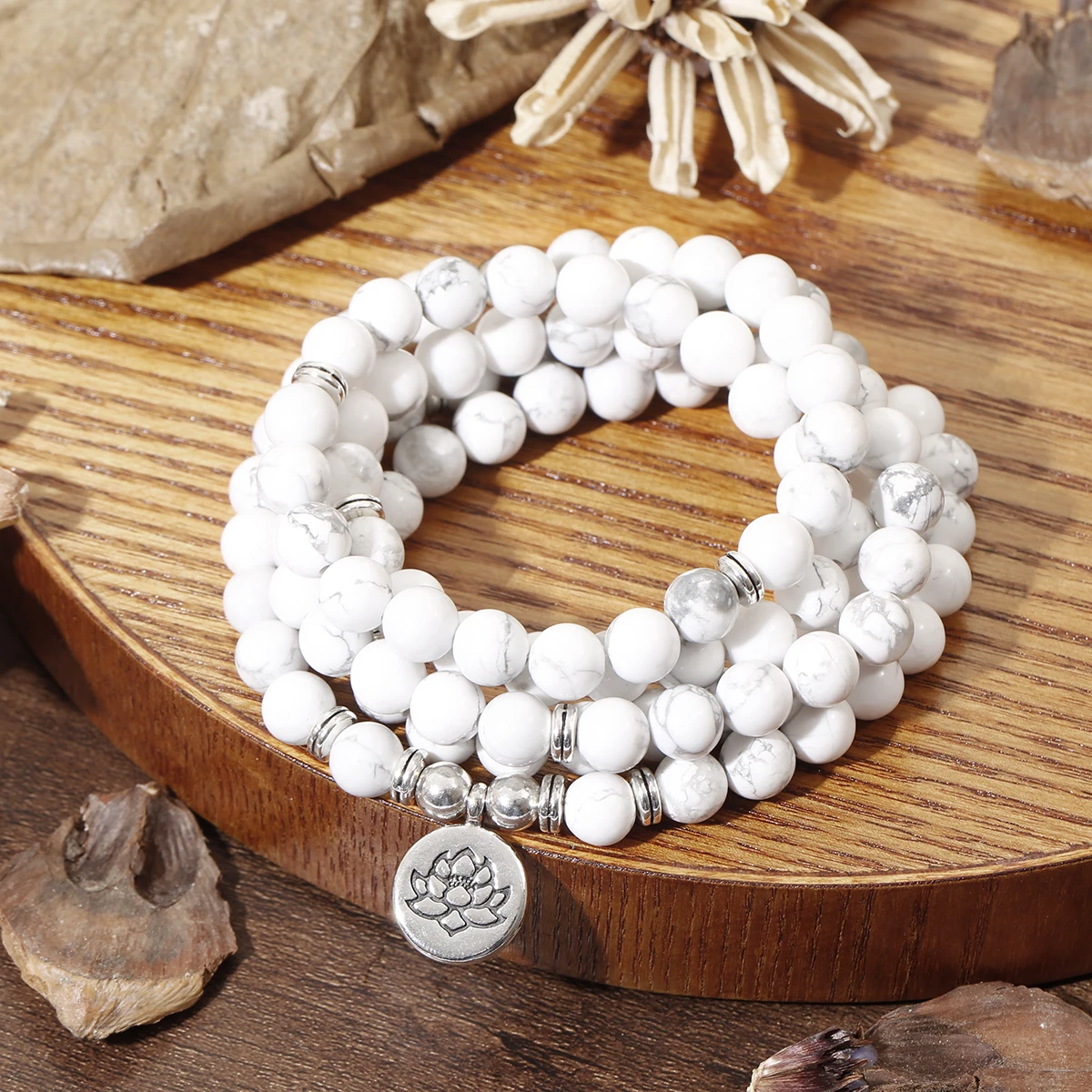 108 Mala Beads Bracelet For Women Yoga Jewelry Ethnic Vintage Howlite Natural Stone With Lotus OM Buddha Charm Bracelet