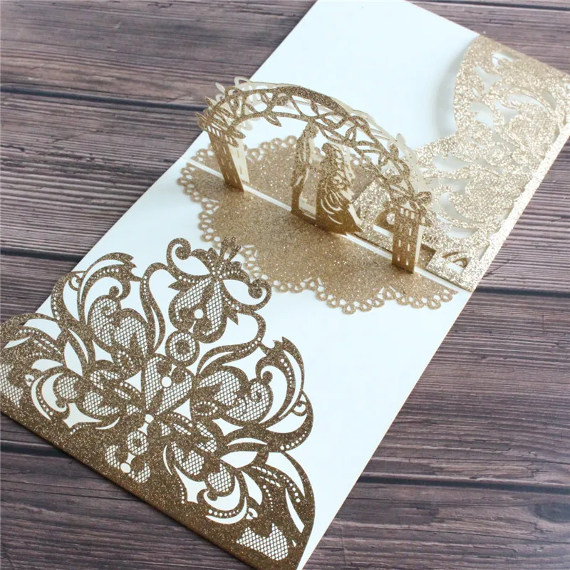 Light rose gold floral glitter invitation card wedding marriage tri-fold pocket customized printing supply