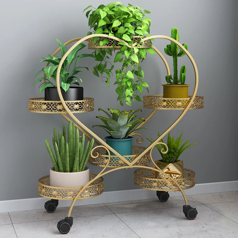 TT Indoor Living Room Decoration Iron Heart-Shaped Flower Rack Moving Wheels Storage Rack Floor Multi-Layer Balcony Modern Mini