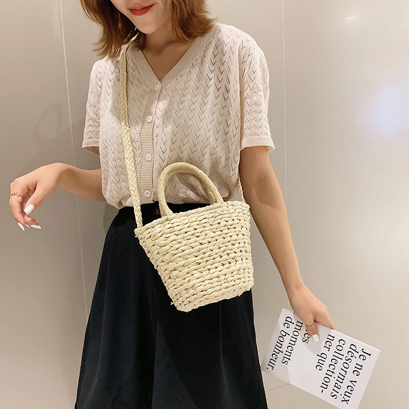 Handmade Women Handbag Summer Beach Vacation Straw Bag Rattan Weave Basket Female Bucket Shoulder Crossbody Bag Bohemian Tote