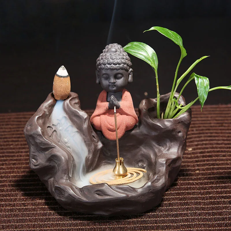 Ceramic Waterfall Backflow Incense Burner Zen Monk Creative Aromatherapy Burner Buddha Censer Tea House Plant Vase Home Decor