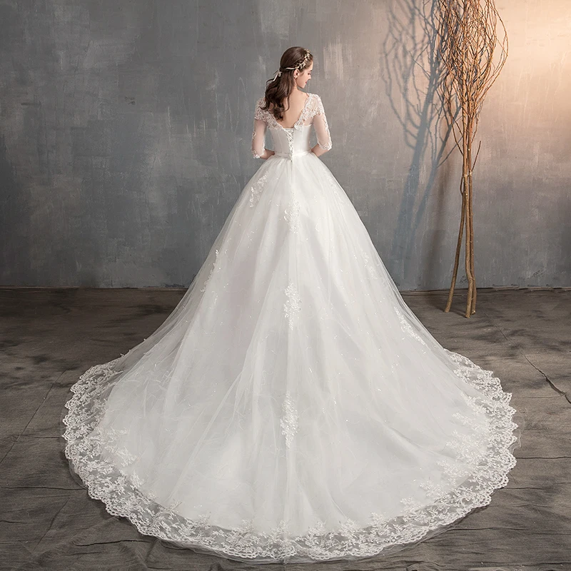 Robe de Mariée Longue en Dentelle Brodée, Col en V, Manches Mi-sulf, avec Traîne, pour Patients, Élégante, Grande Taille, Personnalisée, Nouvelle Collection 2024