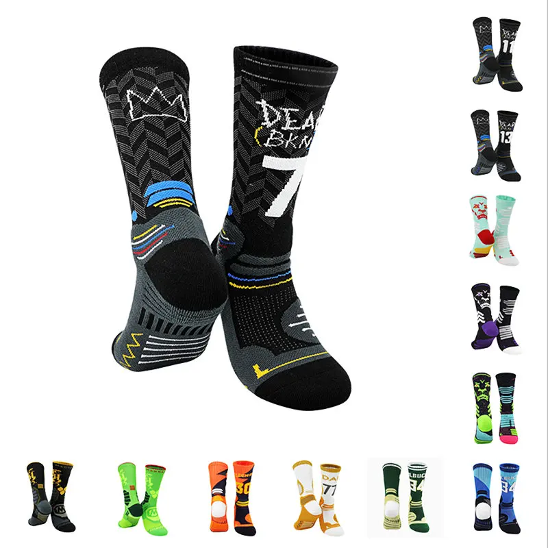 Unisex Sports Basketball Socks Cool Number Socks Knee High Thickened Towel Bottom Cycling Running Adult Sports Socks