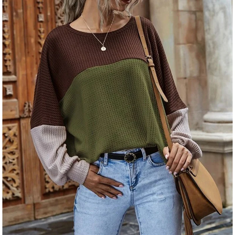 

Patchwork Casual Tee Top Women Long Sleeve Spring Autumn T-Shirts New Shirt Female Knitted Pullover O Neck Waffle