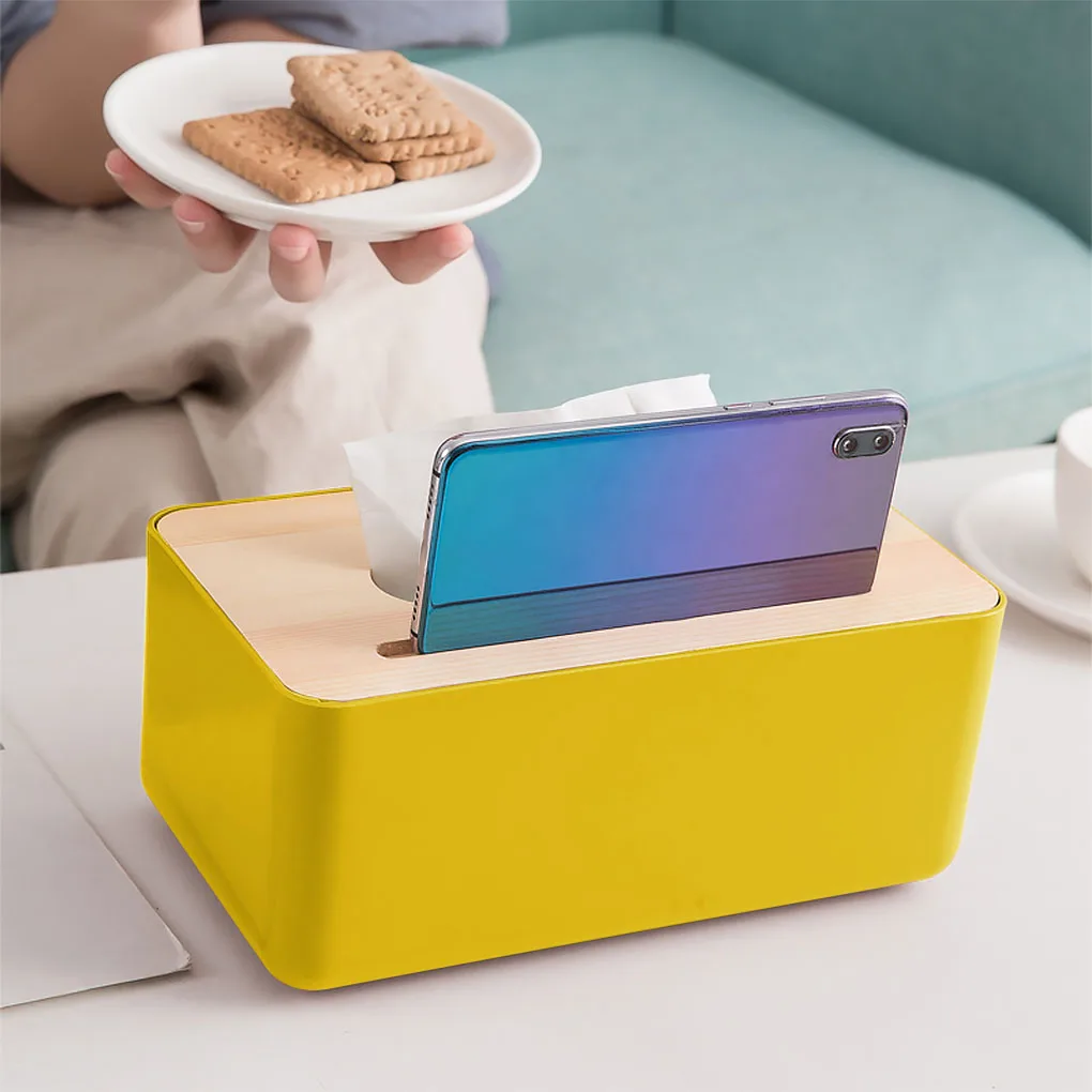 1pcs Tissue Box Holder Household Wooden Cover Paper Container Napkin Storage Case Phone Bracket Slot Design for Living Room