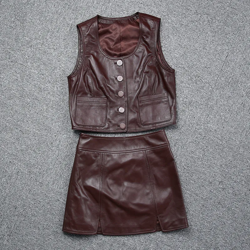 2021 New Arrival Women Fashion Short Genuine Leather Vest + Brief Short Skirt,Real Leather Women Suit