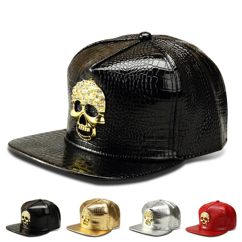 Boné de beisebol Skull Sunshade masculino e feminino, Hip Hop, Punk, Ajustável, Imitação, Pele de Crocodilo, Legal, Rebite, Esporte verão, Protetor solar, Legal, P52