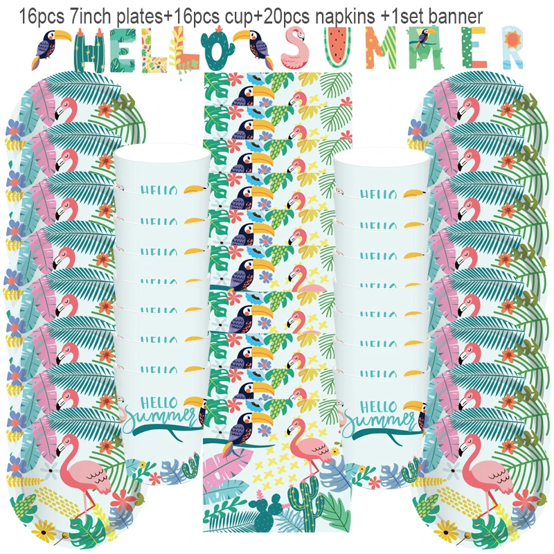 53pcs/set Flamingo Party Paper Disposable Tableware Summer Hawaii Birthday Plate Cup Napkin Tropical Summer Party Supplies