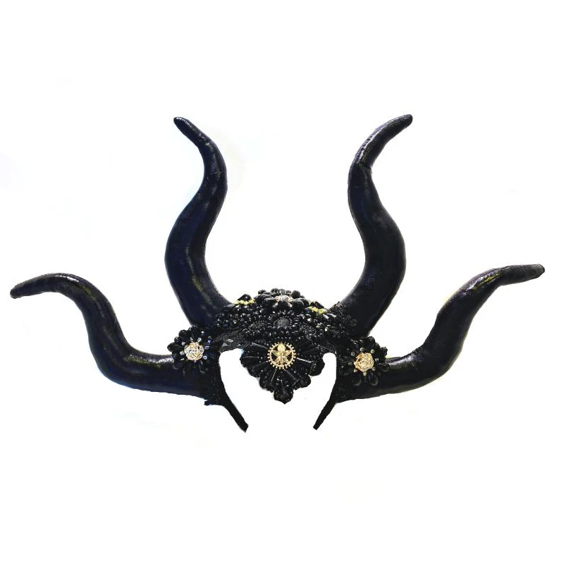 Cosplay Hair Hoop Gothic Black Faux Leather Soft Horns Headband Beaded Decor Gorgeous Handmade Headpiece Masquerade