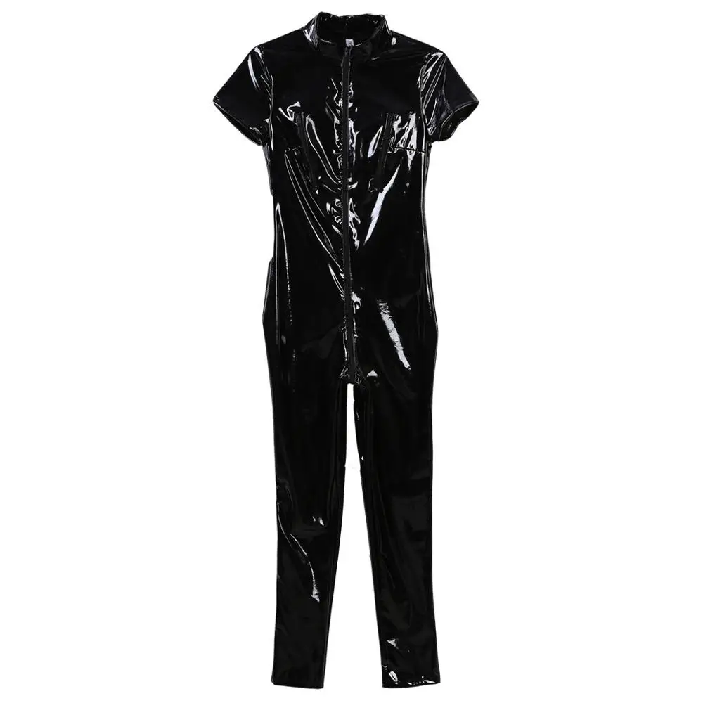 Jumpsuit Wanita Satu Potong Kulit Paten Tampilan Basah Mengkilap Kerah Berdiri Lengan Topi Ritsleting Dada Selangkangan Leotard Bodysuit Pakaian Klub