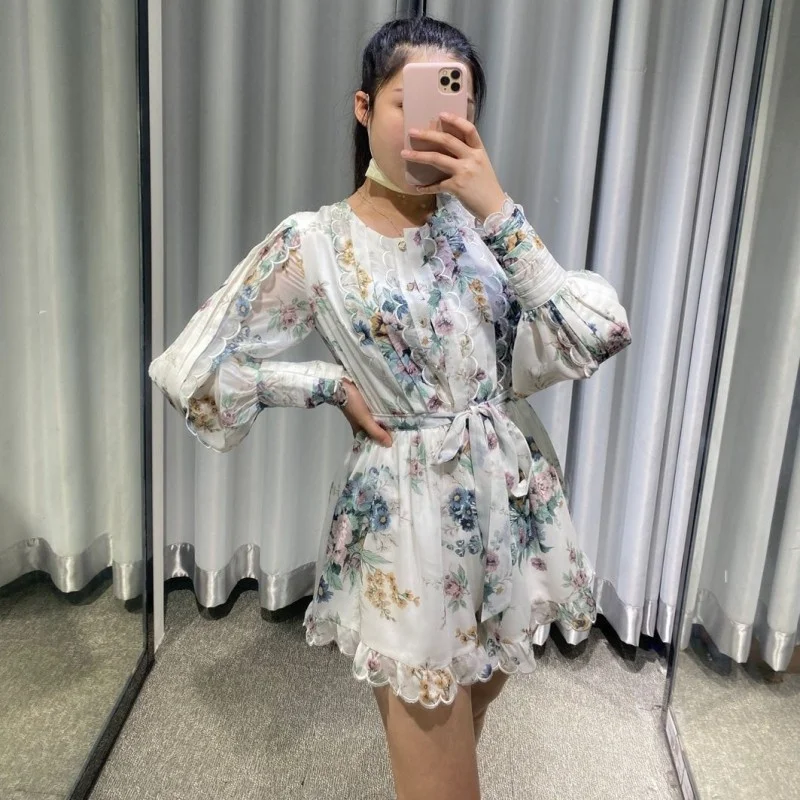 

Shirt Casual Female Vintage Floral Short Dress Elegant O-Neck Lace Up Dress Holiday Sweet Long Sleeve Loose Rompers Dress