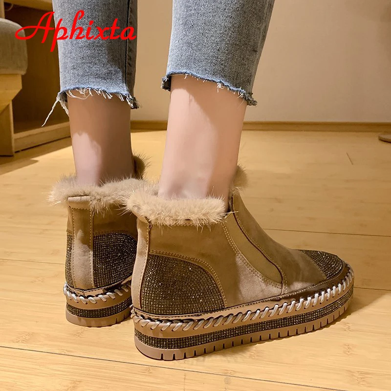 Aphixta Real Hair Warm Winter Crystals Shoes Woman Elastic Band Couple Chunky Sole Platform Big Size 44 Waterproof Ankle Boots