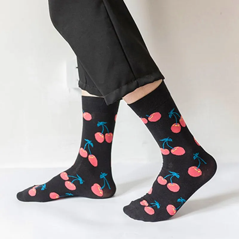 1 Pair Cotton Socks Men Women Street Skateboard Happy Socks Fruit Print Harajuku Gift Apple Pear Banana Lemon Cherry Funny Socks