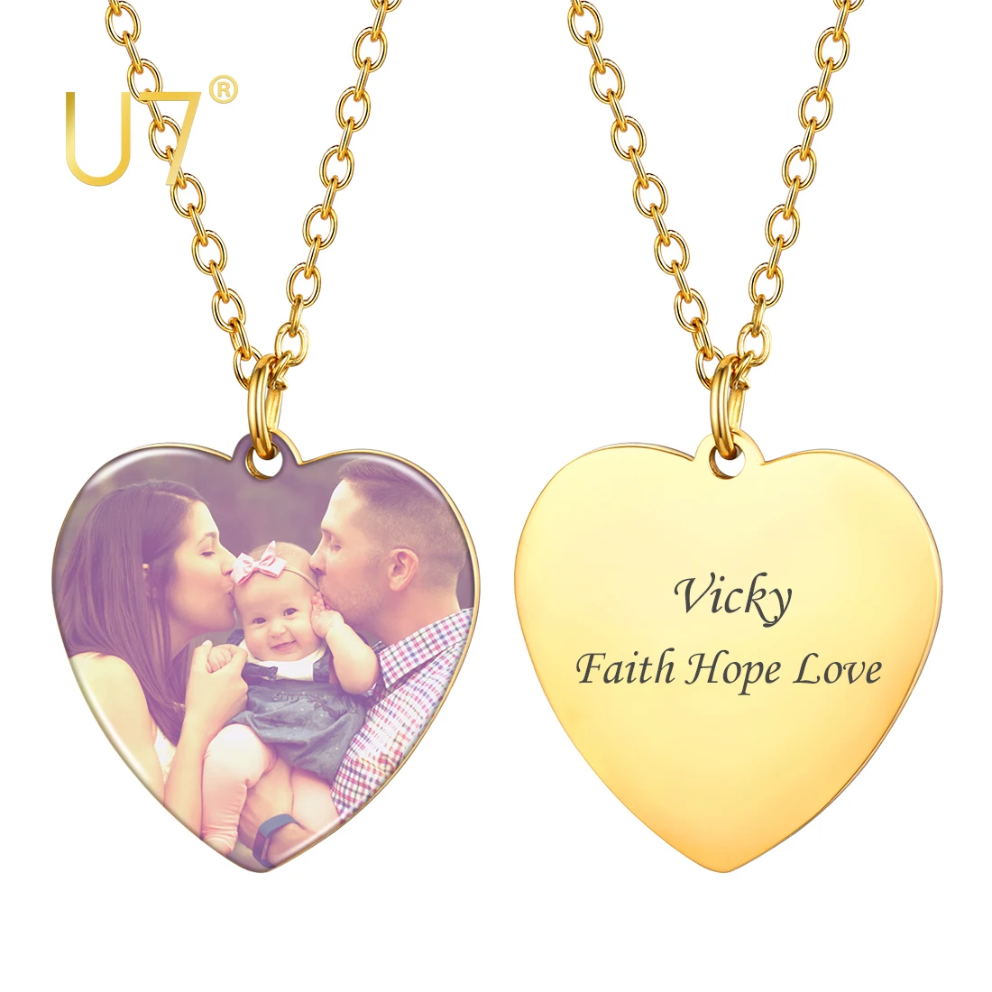 U7 Customized Heart Photo Necklace Women Girls Gold Color Vivid Memory Image Tag Pendant with Chain 20 Inch