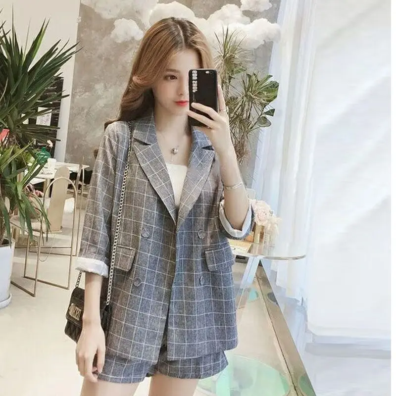 Women\'s Suits 2024 New Large Size Korean Plaid Small Suit Suit Female Summer Spring Net Trend Casual Jacket Shorts Two Piece Set