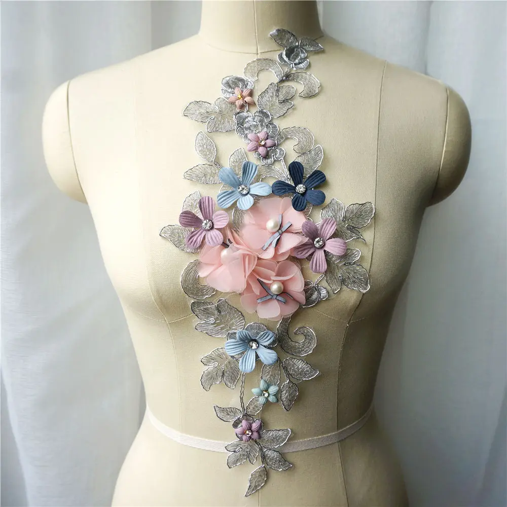 Grey Pink 3D Flowers Beads Rhinestone Lace Fabric Embroidered Wedding Gown Appliques Sew Patch For Dress DIY Decoration