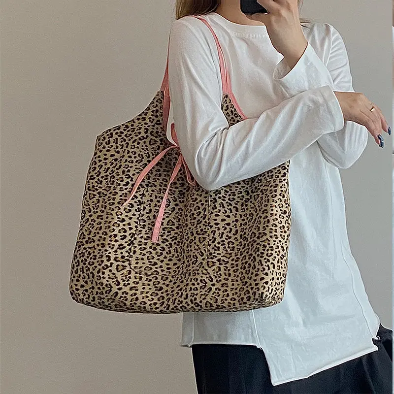 Grote Capaciteit Vrouwelijke Canvas Handtassen Mode Luipaard Patroon Vrouwen Schoudertassen Contrasterende Kleur Dames Reizen Casual Tote