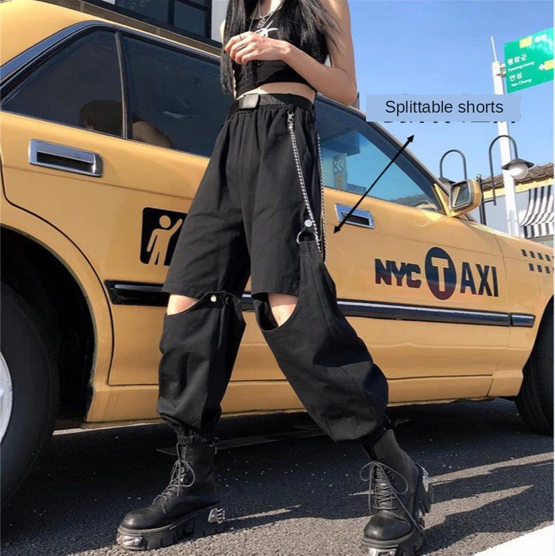 

Removable cargo pants Ankle Banded Pants Women Summer High Waist Slim Straight Wide Leg Streetwear Harajuku Sweatpants