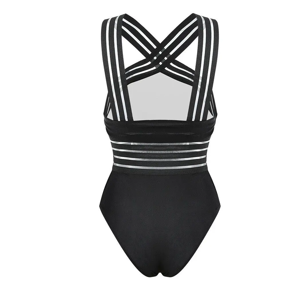 Sexy Black Striped One Piece Bikini Women\'s Bandage Push Up Monokini Swimwear Swimsuit Beach Triangle Bathing Suit