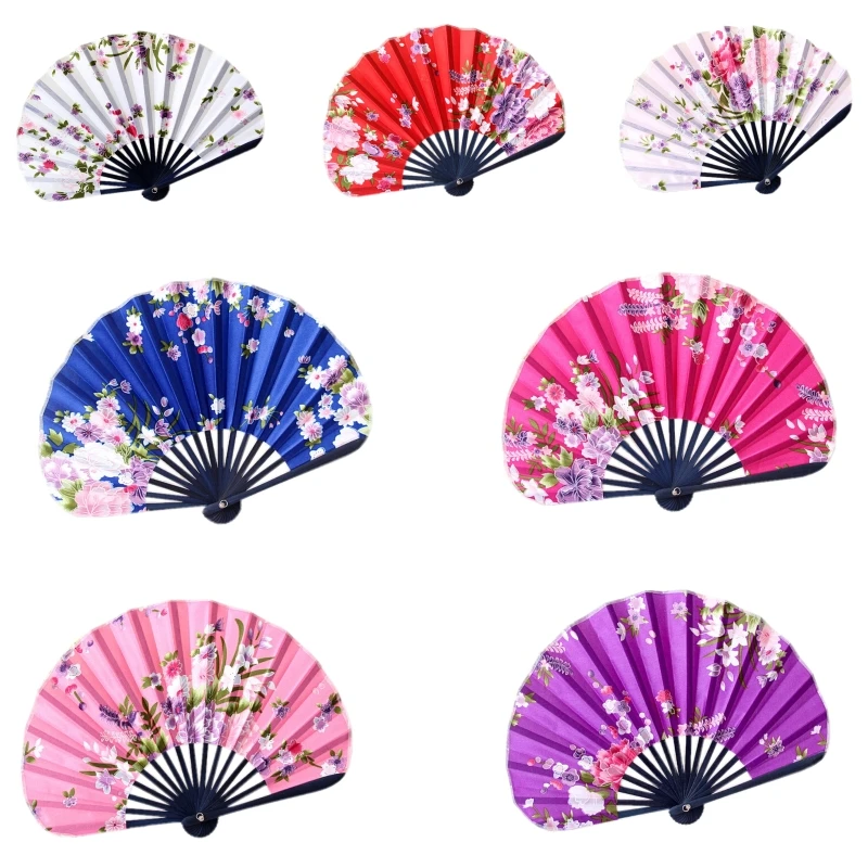 

50PCS Mixed Flower Designs Japanese style Bamboo Hand Fan With Satin Silk Fabric as Home Decoration or Wedding Gift For Guest