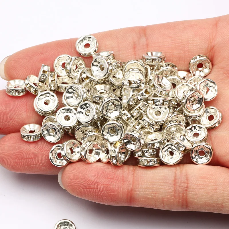 50pcs/lot 4 6 8 10mm Silver Color Rhinestone Rondelles Crystal Beads Round Loose Spacer Beads for DIY Jewelry Making Accessories