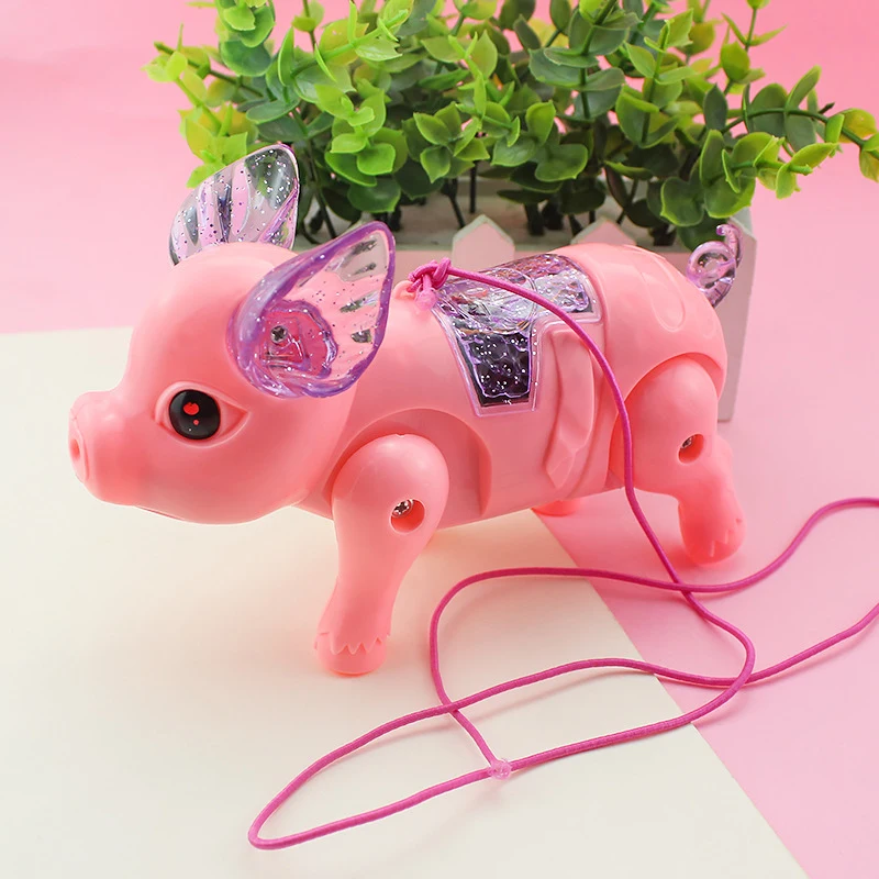 Electric Light Music Walking Pig Toy Luminous Cartoon Pink Pig with Leash for Kids Children Girls