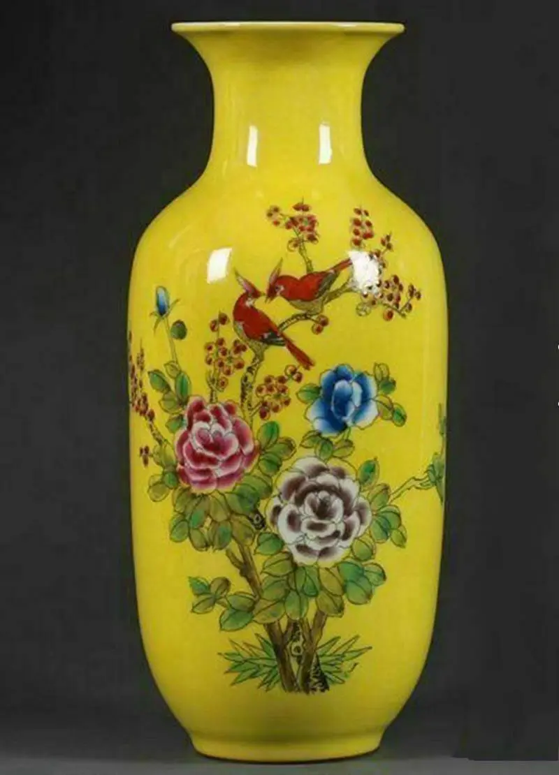 

Details about Chinese hand painted flower and bird vase with yellow background