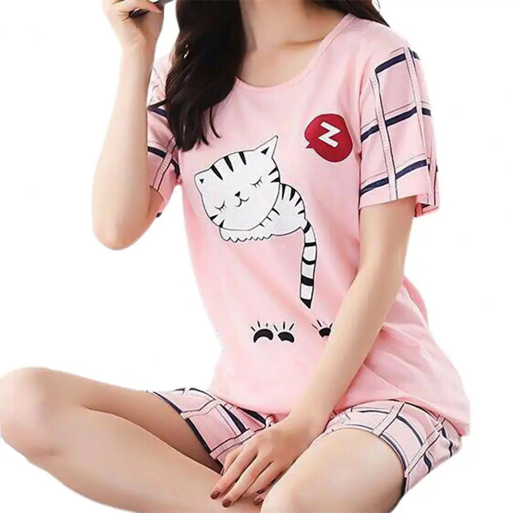 Summer Short Sleeve Thin Cartoon Print Loose Sleepwear Girl Pijamas Mujer Leisure Nightgown Women Hot Sale Women Pajamas Sets