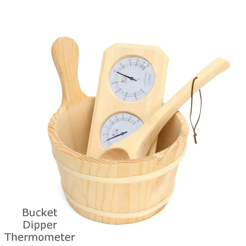 Thermometer Hygrometer + Dipper + Bucket 3pcs/set Pine Wood Sauna Accessory Set 20-140C