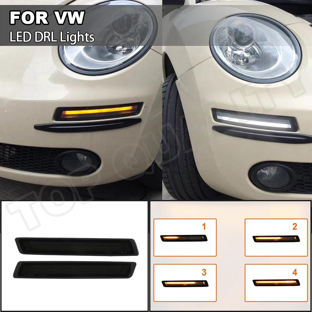 2PCS Kit For Volkswagen VW Beetle 2006-2010 Car LED Daytime Running Light Sequential Flowing Yellow Turn Signal White Light  DRL