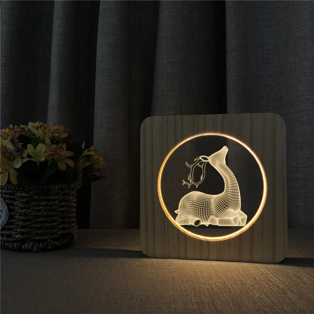 Lying Bow Deer 3D USB LED Arylic ABS Lamp Table Light Switch Control Carving Lamp for Children's Room Decoration Dropshipping