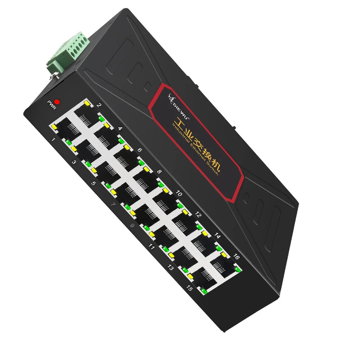 DIEWU-Switches Ethernet de haste industrial, 16 portas, tipo DIN Rail, suporte a switches de rede RJ45, DC12 ~ 58V, 10 Mbps, 100Mbps