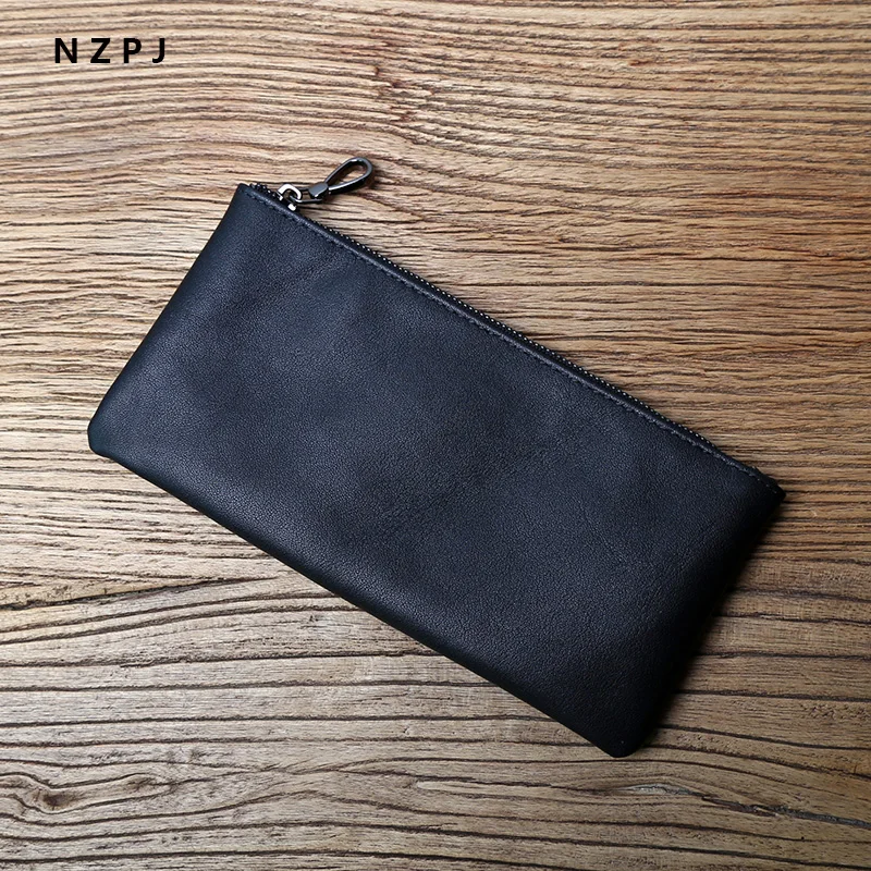 NZPJ Cartera larga de cuero para hombre, cartera ultrafina con cremallera de cuero de capa superior, bolso de mano para teléfono móvil de tendencia Retro, cartera Simple para mujer