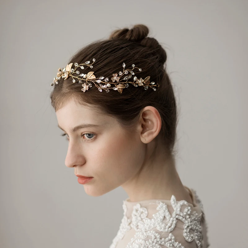 O349 Crystal Gold Bladeren Bridal Haarband Hoofdband Haar Ornamenten Kerst Decoratieve Kralen Hoofddeksel