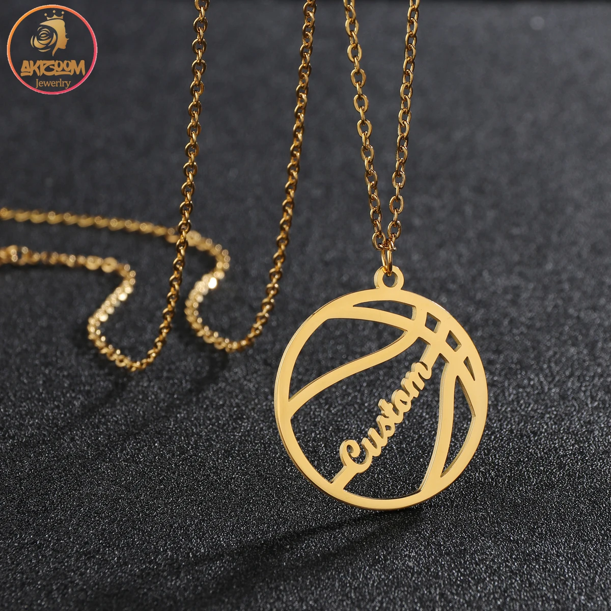 Akizoom Custom Name Basketball Shape Necklace Nameplate Pendant Stainless Steel Chain Jewelry for Boy Team Customized Gift