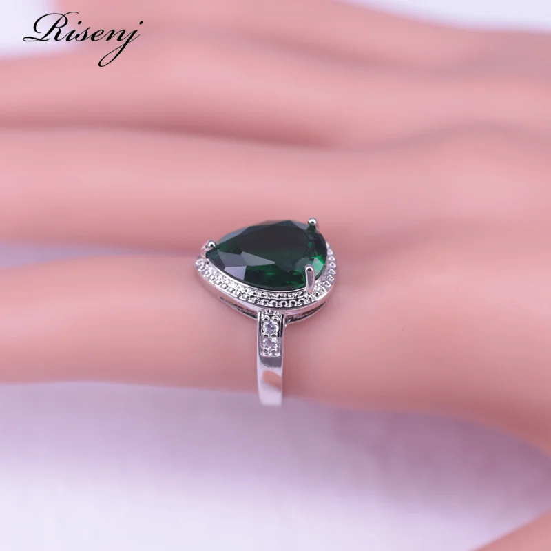 Russian Hot Sale Style Big Water Drop Square Green Stone Silver 925 Jewelry For Women Ring Necklace Earring Set