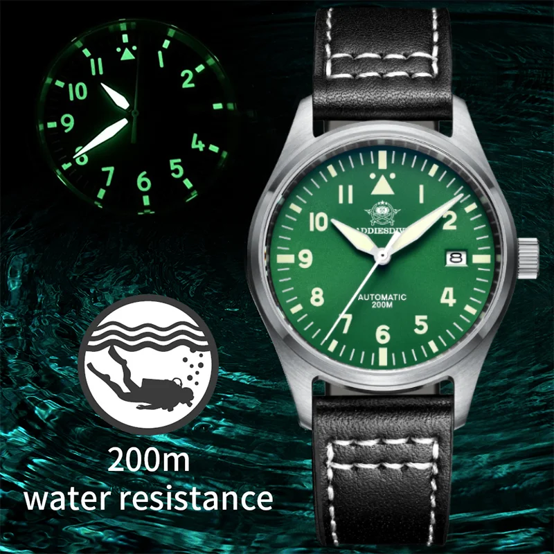 Addiesdive Heren Horloge Automatisch Mechanisch Saffier Rvs Nh35 Horloge Lederen Lichtgevende 200M Waterdicht Horloge