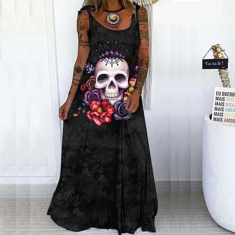 Vintage Drawstring Spaghetti Straps Women Party Dress Casual Fashion 3D Skull Print Elegant Ladies Long Dresses Autumn Vestidos