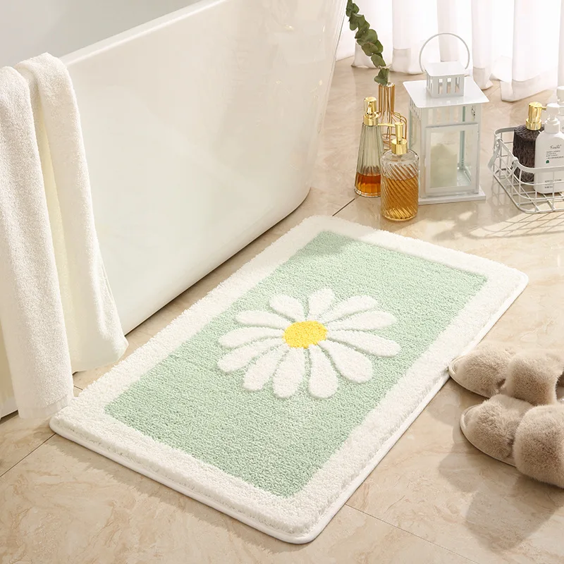 High Water Absorbent Floral Pattern Bathroom Mat Super Soft Flocking Surface Floor Carpet Shower Room Doorway Decor Non-Slip Rug