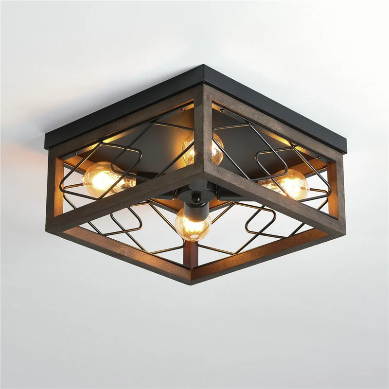 

American Retro 4-Head Ceiling Lamp Imitation Wood Art Industrial Style Living Room Ceiling Lamp Bedroom Dining Room Square Lamps