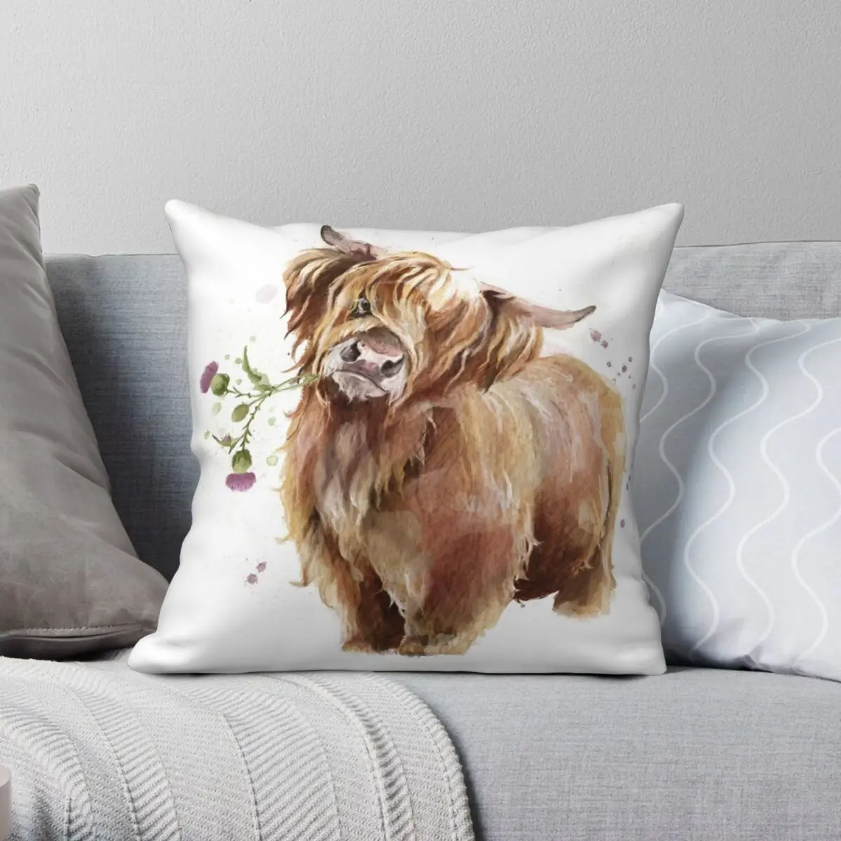 Highland Cow Pillowcase Polyester Linen Velvet Printed Zip Decor Pillow Case Room Cushion Cover 45x45