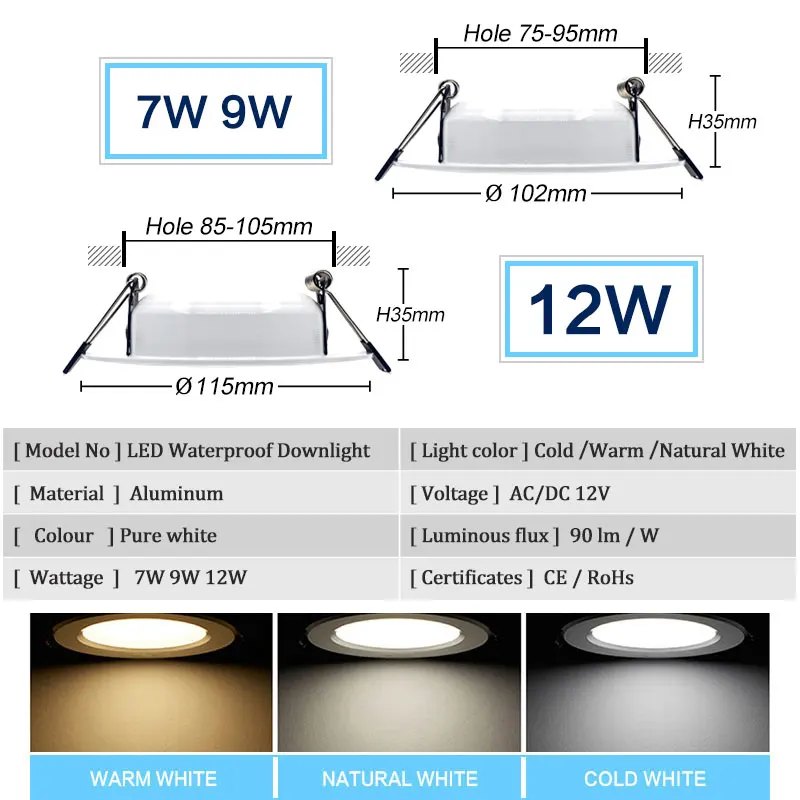 DC 12V Led typu Downlight 5W 7W 9W 12W lampa sufitowa wpuszczana naturalnie ciepły zimna białe oświetlenie wewnętrzne