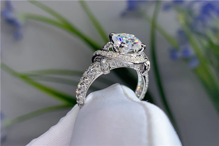 Custom Solid 14K Au585 White Gold Women Wedding Party Engagement Ring 1 2 3 4 5 Carat Round Moissanite Diamond Ring Ribbon