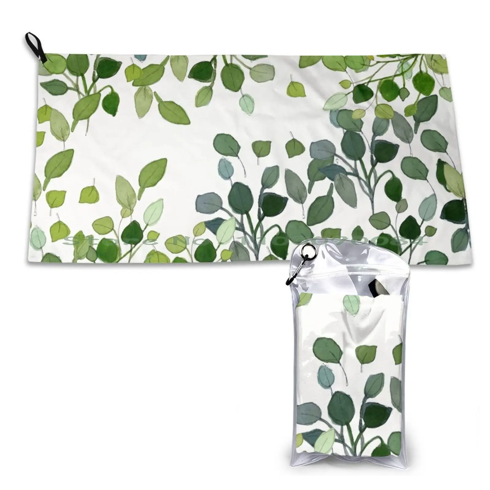 Greenery Watercolor Pattern Quick Dry Towel Gym Sports Bath Portable Greenery Eucalyptus Leaf Leaves Pattern Watercolor Sue