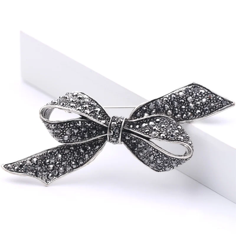 Black Color Rhinestone Bow Brooches For Women Large Bowknot Brooch Winter Style High Quality Broches Gift